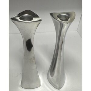 VTG Pair MCM Nambe 596 Silver Tri-Corner Taper Candlesticks Holders 10" MCM